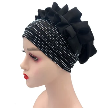 2023 Новая женская шапочка-тюрбан с оборками, блестящие бриллианты, женские головные уборы, Африканский головной убор, Праздничный головной убор, мусульманский платок, Капор