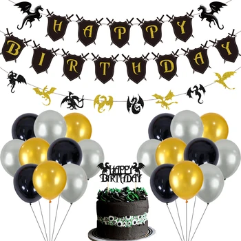 Cheereveal Принадлежности для вечеринки в честь Дня рождения в стиле Черного дракона, Баннер С изображением Дракона, Воздушные шары для торта, Украшения на день рождения