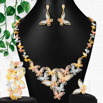 GODKI Роскошные 3-хцветные африканские ювелирные наборы с бабочками Для женщин, свадебные комплекты украшений с микро-кубическим цирконием, ожерелье, серьги