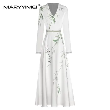 MARYYIMEI/ Модное Весенне-летнее женское платье с V-образным вырезом и длинными рукавами, Элегантные длинные платья с принтом листьев бамбука, выполненные методом горячей сверления