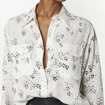Женская рубашка с принтом звезд, однобортная модная блузка с отложным воротником и длинным рукавом