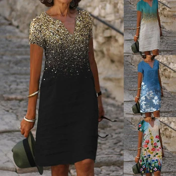 Женское Свободное Летнее платье 2022 с винтажными оборками и коротким рукавом, Весенние Повседневные элегантные платья в стиле Бохо с крупным принтом