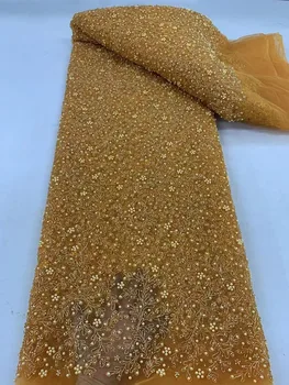 Золотая африканская кружевная ткань с блестками 2023, Высококачественная французская роскошная кружевная ткань с вышивкой из бисера, нигерийские ткани для шитья
