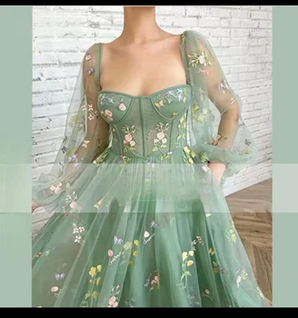 Изготовленное на заказ мятно-зеленое вышитое кружевное тюлевое пасторальное платье для выпускного вечера с пышными рукавами, вечернее платье трапециевидной формы с открытой спиной по щиколотку