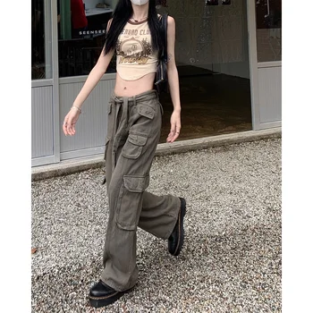 Летние ретро прямые свободные повседневные длинные брюки-карго с высокой талией и широкими штанинами в стиле ретро женские