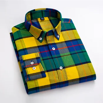 Мужская Повседневная рубашка Оксфорд в контрастную клетку из 100% хлопка Стандартной посадки, Полосатые Рубашки с Длинным рукавом и пуговицами на пуговицах
