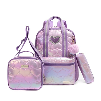 Набор из 3 водонепроницаемых сумок в форме сердца с сумкой для ланча и пеналом для девочек фиолетового цвета, школьные сумки для девочек
