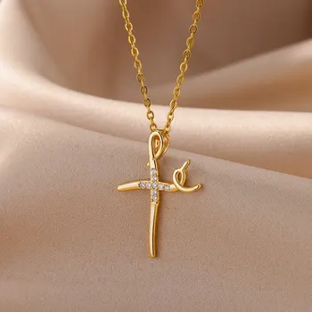 Ожерелья с подвеской в виде Креста Иисуса из нержавеющей стали для женщин, позолоченное ожерелье с циркониевым крестом, пара эстетических украшений, свадебный подарок