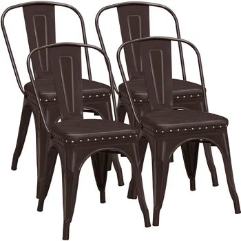 Промышленный обеденный стул с металлическими шипами и подушкой, набор из 4 штук, коричневый