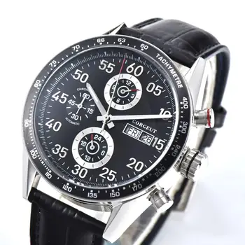 Часы Corgeut с черным циферблатом 44 мм, Дата, Нержавеющая Сталь, Водонепроницаемые, Многофункциональные, Механические Наручные часы С автоматическим Механизмом, Мужские Кожаные