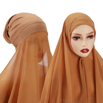 Шифоновый Шарф-хиджаб 2 В 1 С Трикотажной внутренней Шапочкой 