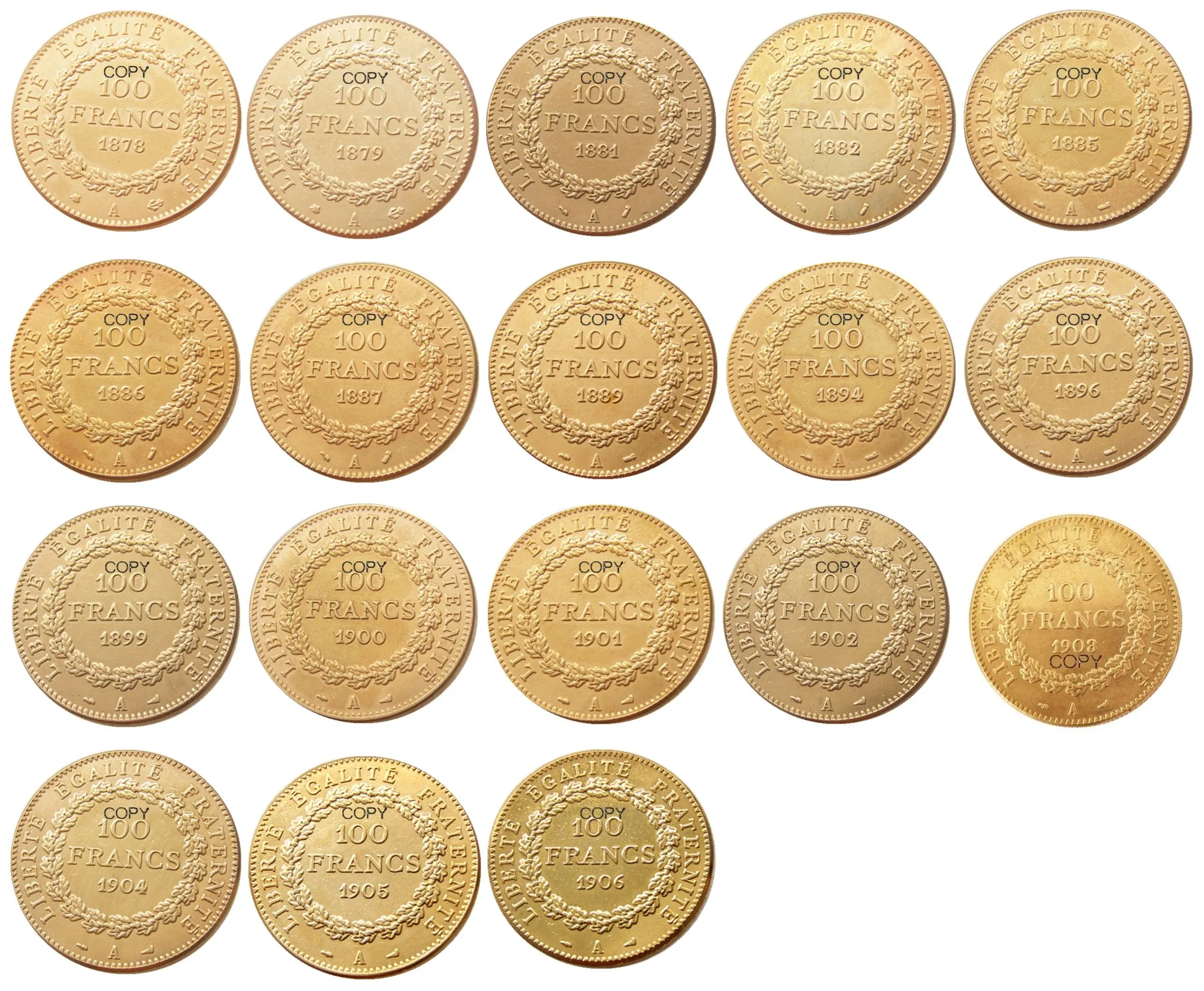Франция Набор 1878-1906 18 штук 100 Франков Третья Республика позолоченная копия монеты