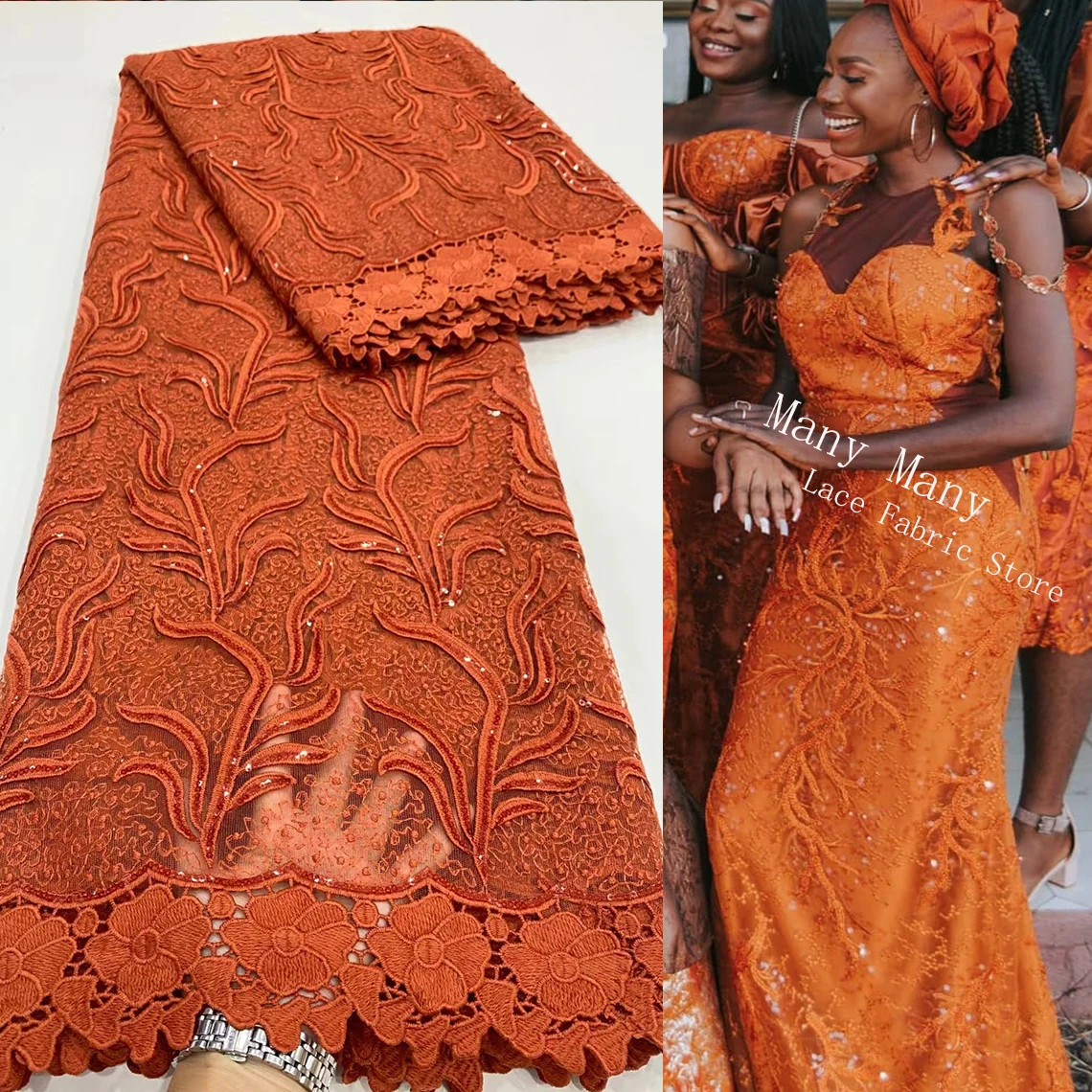 Seuqined Вышитые кружевные ткани Meah Net 2021, Высококачественный оранжевый цвет, Нигерийский Материал для свадебного платья из тюля с пайетками Анкары