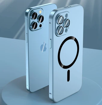 10 шт./лот Металлический Магнитный матовый чехол для iPhone 12 13 14 Pro Max Стеклянная линза Рамка из алюминиевого сплава Magsafe Чехол для беспроводной зарядки