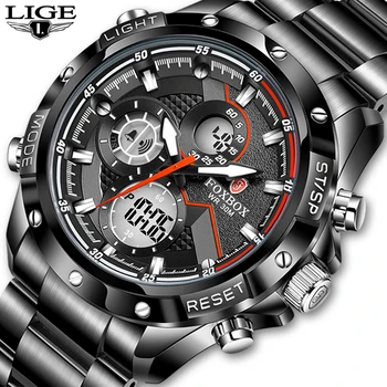 2021, Мужские часы LIGE, Силиконовый ремешок 30 м, Водонепроницаемые часы для мужчин, Лучший бренд Класса Люкс, Кварцевый будильник с двойным дисплеем, цифровые часы