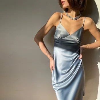 2022 Женское Атласное сексуальное платье с Глубоким V-образным вырезом, однотонная прямая пижама, вечернее платье, Элегантное Женское Летнее платье на бретельках, Повседневное платье