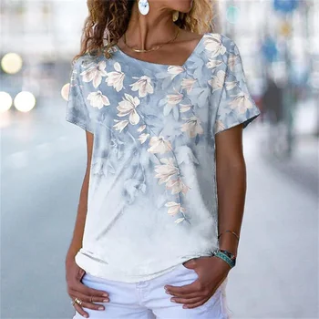 2022 Летняя новая Женская футболка с 3D цветочным принтом, Повседневные базовые топы с V-образным вырезом и коротким рукавом, Винтажная уличная одежда, Свободные женские футболки