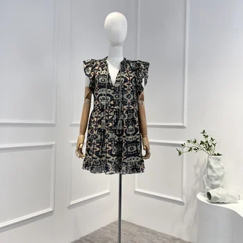 2023 Высококачественное женское мини-платье с оборками и летящими рукавами и кисточками
