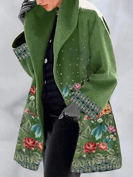 2023 Зимнее Женское Тонкое Шерстяное пальто с Зеленым воротником и лацканами с принтом Колледжа, Длинные пальто и куртки для женщин