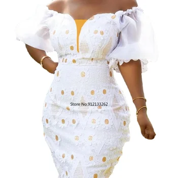 2023 Элегантные Африканские Платья для Женщин с Пышными рукавами и открытыми Плечами, Вечернее Кружевное Длинное Платье для Свадебной вечеринки S-3XL
