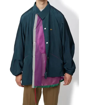 23SS KOLOR Abe Runyi, Японский стиль, Сетчатая нейлоновая водонепроницаемая куртка в стиле пэчворк с вышивкой нерегулярного кроя, Мужская темно-синяя Винтажная Свободная куртка