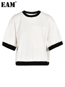 [EAM] Женская футболка Белого цвета с карманами Большого Размера, Новая Футболка с круглым вырезом и коротким рукавом, Мода Tide, Весна-лето 2023 CPG0043