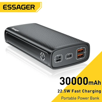 Essager Power Bank 30000 мАч Портативное зарядное устройство для быстрой зарядки Powerbank PD 22,5 Вт Внешнее зарядное устройство для iPhone 13 12 Xiaomi