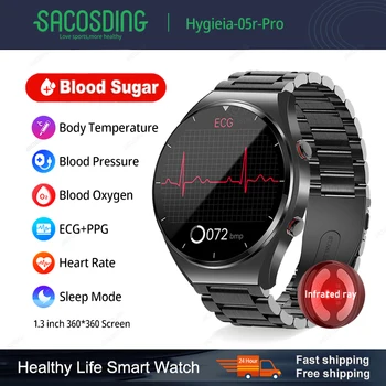 Hygieia-05r-Pro Неинвазивные Смарт-часы для измерения уровня глюкозы в крови, Мужские Спортивные часы с Полным сенсорным экраном, ЭКГ + PPG, Умные Часы Bluetooth для Здоровья + Коробка