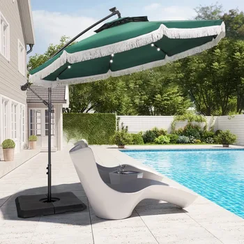 MF Studio 10-футовый зонт для патио с двойным верхом со светодиодными солнечными лампами с кисточкой и крестовиной Зеленого цвета， Мебель для патио