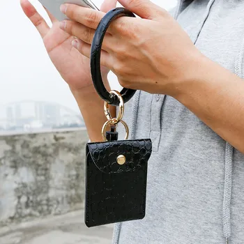 PUOU Мини-Женский держатель для кредитных карт С кейсом для ключей, сумка-браслет, чехол для удостоверения личности, кошелек из искусственной кожи с каменным узором, Портмоне для монет