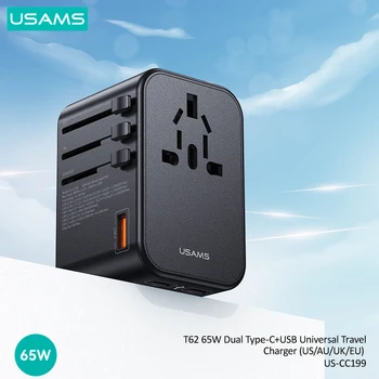USAMS T62 Универсальное Дорожное Зарядное Устройство Адаптер Питания Розетка Конвертер Настенное Зарядное Устройство 65 Вт Двойной Тип C USB Для EU UK AU US Plug