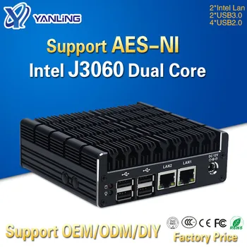 Yanling Новейший Intel J3060 Безвентиляторный Мини-ПК с двойной гигабитной локальной сетью NUC Case Barebones Компьютер Linux Поддержка 2 HDMI AES-NI Pfsense VPN