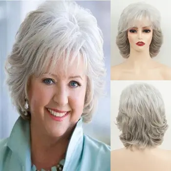 Бабушкин парик, женские модные парики-бобы Серебристо-платинового цвета, Свободные волнистые парики серого цвета, Короткие вьющиеся волосы, мамины парики для косплея