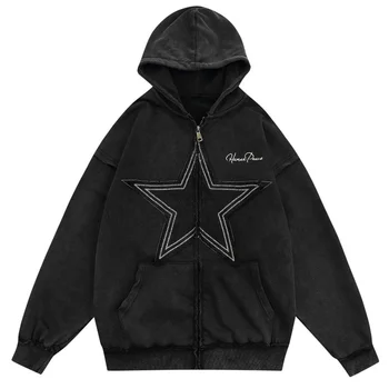 Винтажная моющаяся толстовка с капюшоном Y2K в стиле хип-хоп, вышитая нашивка в виде звезды, двойная молния, пальто в стиле харадзюку в стиле панк-готики