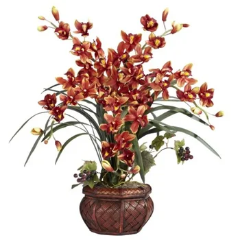 Восхитительная шелковая цветочная композиция с бордовым цимбидиумом в декоративной вазе - идеальный подарок на любой случай!