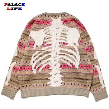 Вязаный мужской свитер в клетку, пуловер с рисунком скелета, Винтажные осенние свитера, Повседневный мужской свитер большого размера Высокого качества