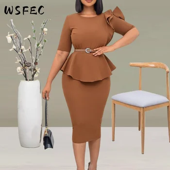 Деловые офисные платья WSFEC для женской одежды 2023 Весна лето, однотонное облегающее Элегантное платье миди-карандаш с коротким рукавом, наряды
