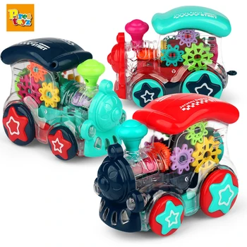 Детская электрическая игрушка Прозрачная универсальная вращающаяся механическая передача, мультяшный мигающий свет, музыкальный поезд, детская игрушка