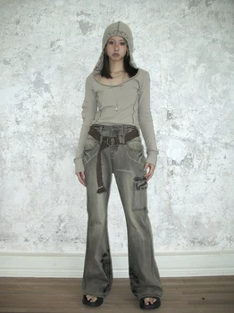 Дизайнерские поношенные Джинсы в стиле ретро, Комбинезон с карманами, Расклешенные брюки, Свободные Широкие брюки со средней талией, Женские модные повседневные брюки