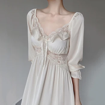 Женская ночная рубашка, Кружевная сексуальная французская ночная рубашка, Элегантный винтажный весенний ночной халат для сна, Пижамы, ночное белье