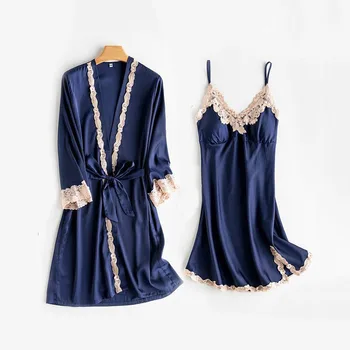 Женская одежда для сна, Комплекты из 2 предметов, Атласное Шелковое платье для сна, кружевное платье на бретелях и халат с длинными рукавами, Пижамный комплект