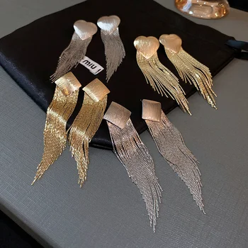 Женские висячие серьги с длинными кисточками цвета: золотистый, серебристый, в виде сердца, модные ювелирные аксессуары