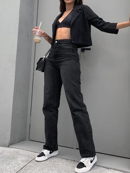 Женские джинсы с высокой талией WeiYao 2023, новые эстетичные повседневные джинсовые брюки из уличной одежды 90-х годов, прямые черные брюки y2k