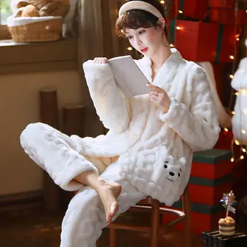 Женский пижамный комплект из осенне-зимнего кораллового флиса, корейский теплый костюм для домашнего использования из утолщенной фланели с длинными рукавами