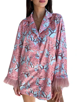 Женский Пижамный комплект с цветочным принтом, на пуговицах, с длинным рукавом, Короткий Пижамный комплект, Пижамы для отдыха из 2 предметов