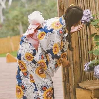 Женское Традиционное Кимоно в Японском Стиле с цветочным принтом, летнее платье из 100% хлопка, удобная домашняя одежда для выступлений на сцене