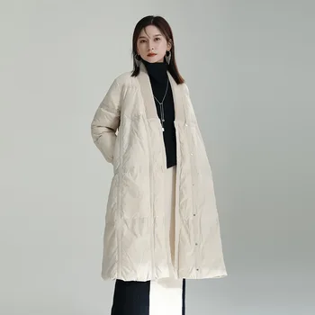 Зимняя дизайнерская куртка sense с длинным рукавом выше колена на белом утином пуху с V-образным вырезом, силуэтное пуховое пальто для женщин, пуховая куртка, пальто