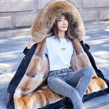 Зимняя парка Женская С имитацией меха енота, меховая подкладка, Съемное пальто средней длины Haining Coat