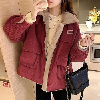 Зимняя плюс Бархатная утепленная женская куртка, Корейское свободное универсальное вельветовое пальто, Женское свободное повседневное теплое плюшевое пальто на молнии