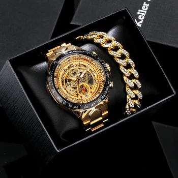 Золотые мужские часы-браслет, подарочный набор, Лучший бренд, Автоматические механические часы со скелетом в стиле панк, Медный стальной ремешок, Лучшие подарки папе